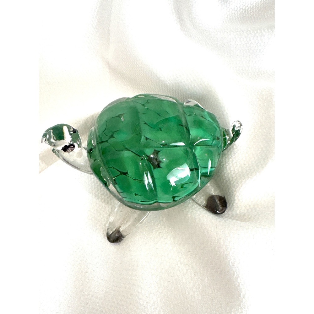 Hand Blown Art Glass Turtle Figurine Green Shell Paperweight Coastal‎ Decor